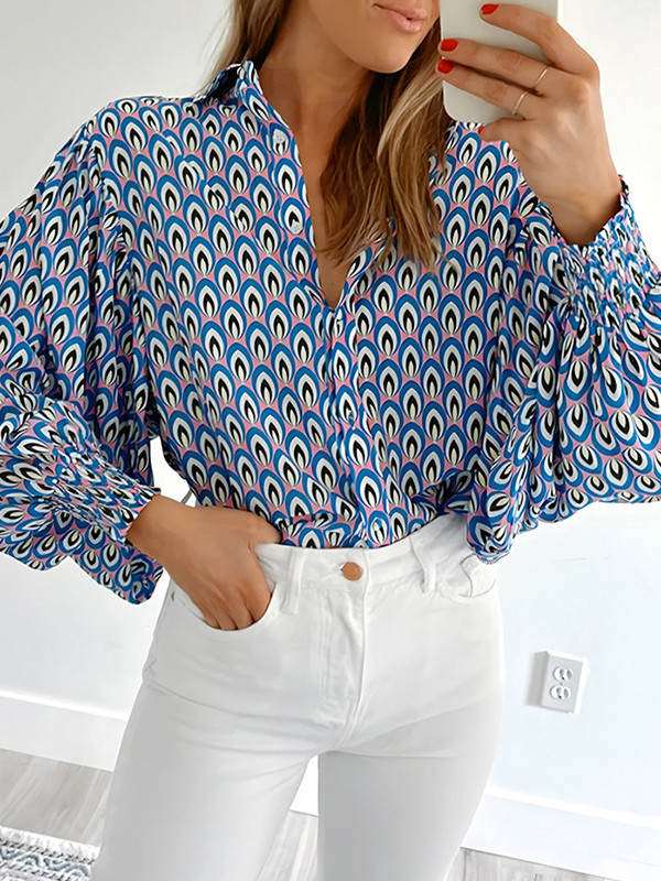 Elasticity Contrast Color Buttoned Puff Sleeves Loose Lapel Blouses&Shirts Tops