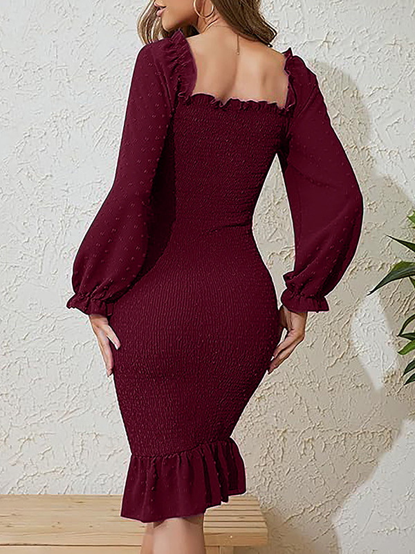 Solid Color Ruffle Trim Pleated Elasticity Long Sleeves Bodycon Square-Neck Midi Dresses