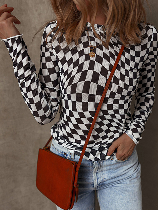 Contrast Color Skinny Long Sleeves Round-Neck T-Shirts Tops