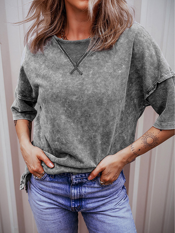 Split-Joint Loose High-Low Round-Neck T-Shirts Tops