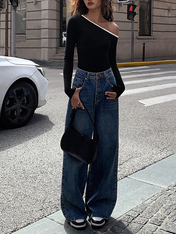 Asymmetric Skinny Long Sleeves One-Shoulder T-Shirts Tops