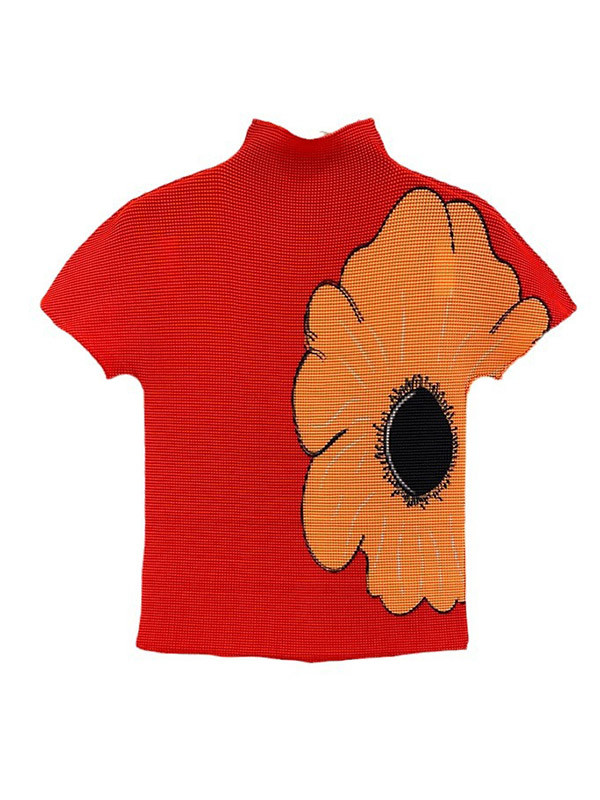 Pleated Flower Print Short Sleeves Mock Neck T-Shirts Tops