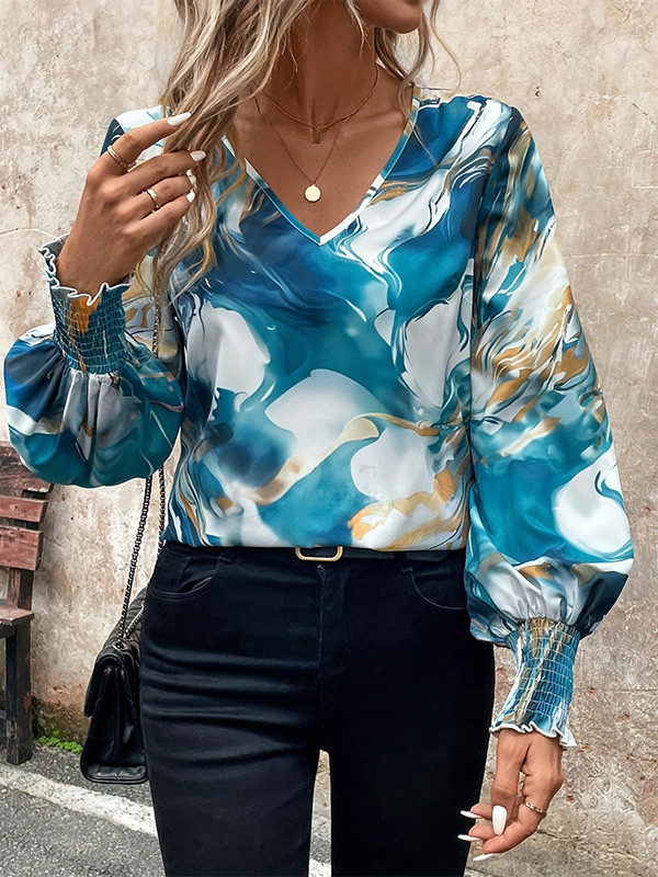 Elasticity Contrast Color Puff Sleeves Loose V-Neck T-Shirts Tops