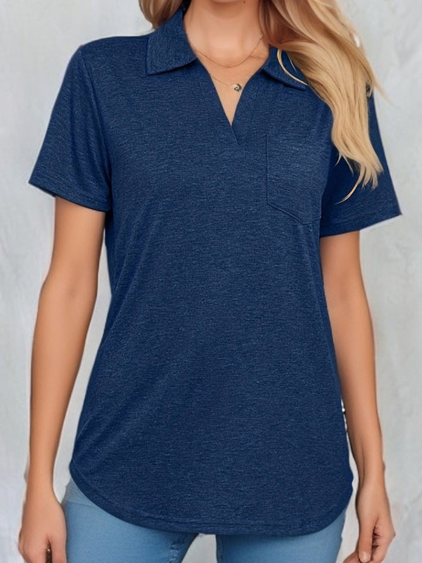 Solid Color Pockets Short Sleeves Loose V-Neck T-Shirts Tops