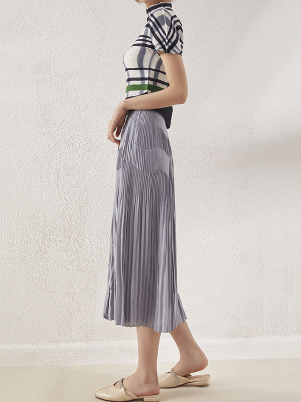 Pleated Contrast Color Short Sleeves Mock Neck T-Shirts Tops