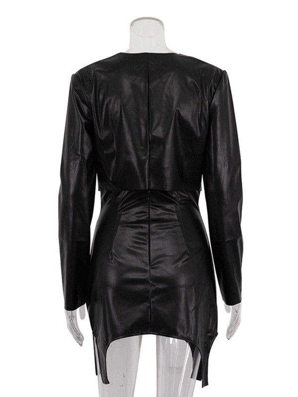 Round-Neck Solid Color Split-Joint T-shirt Top + Zipper Bodycon High Waisted Skirts Bottom Two Pieces Set