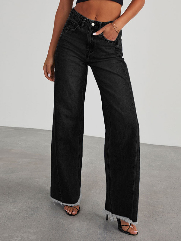Tasseled Split-Joint Wide Leg High Waisted Jean Pants Bottoms