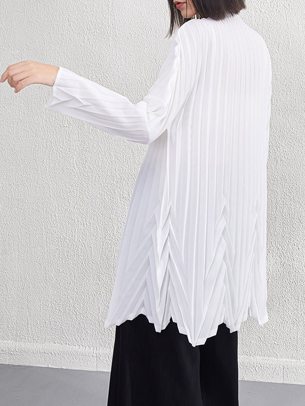 Solid Color Pleated Loose Long Sleeves Round-Neck Mini Dresses