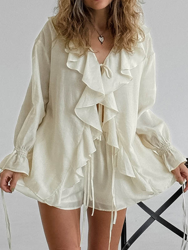 Ruffle Trim Long Sleeves Loose Solid Color Tied V-Neck Blouses&Shirts Tops + Elasticity Shorts Bottom Two Pieces Set