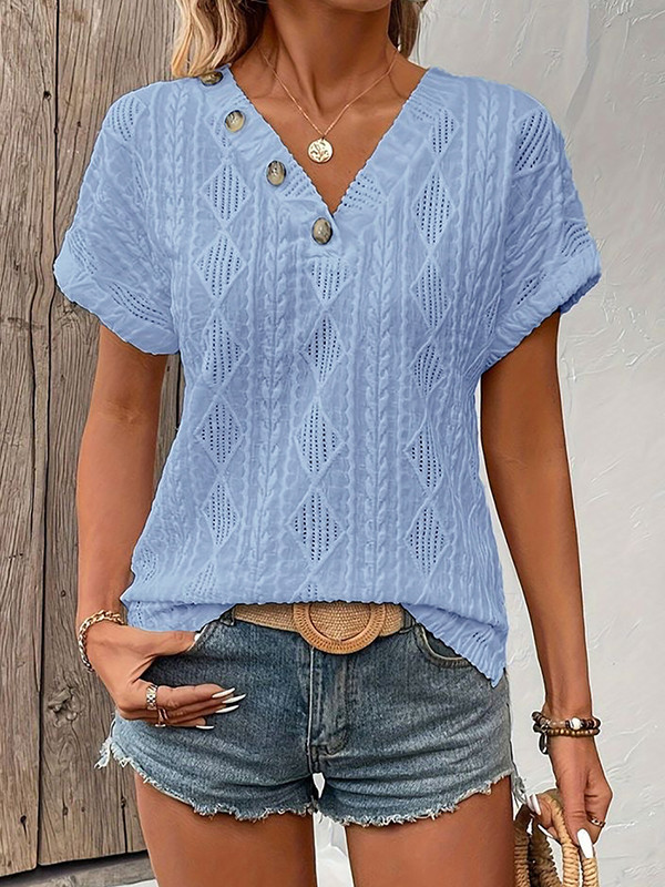 Solid Color Buttoned Short Sleeves Loose V-Neck T-Shirts Tops
