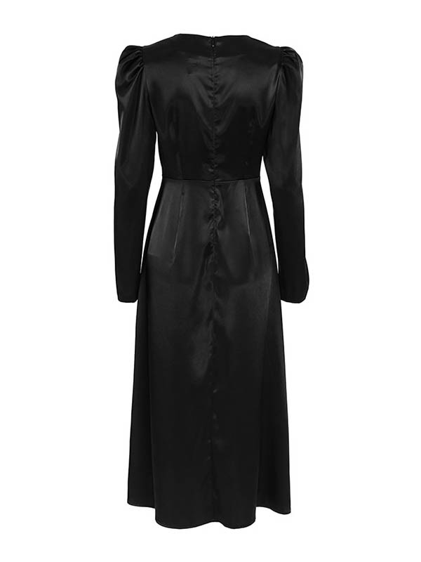 Zipper Solid Color Pleated Loose Long Sleeves Round-Neck Midi Dresses