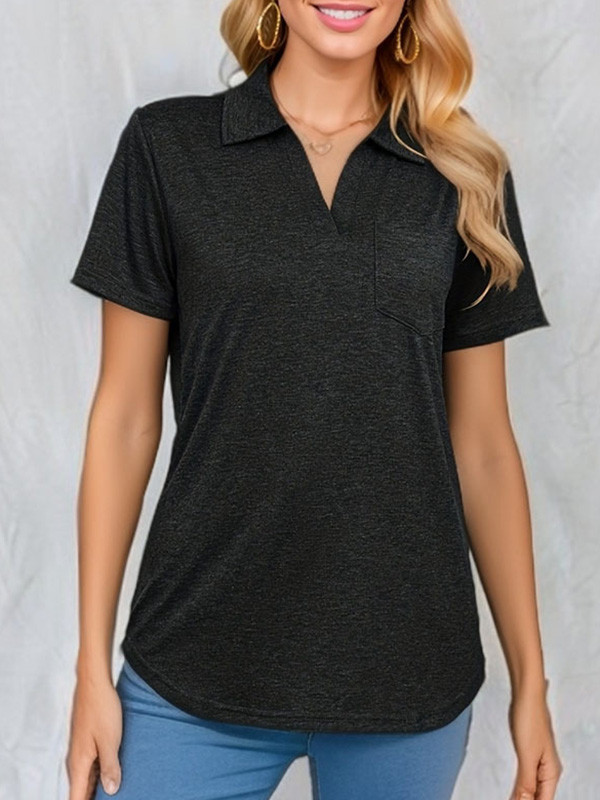 Solid Color Pockets Short Sleeves Loose V-Neck T-Shirts Tops