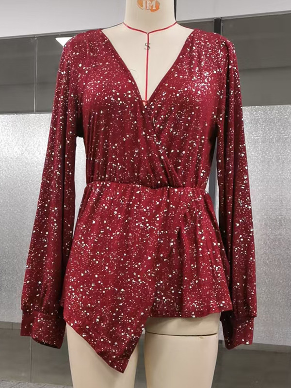 Printed Pleated Asymmetric Loose Long Sleeves V-Neck Blouses&Shirts Tops