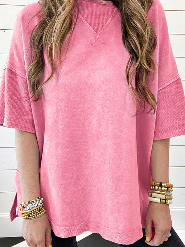 Split-Joint Loose High-Low Round-Neck T-Shirts Tops