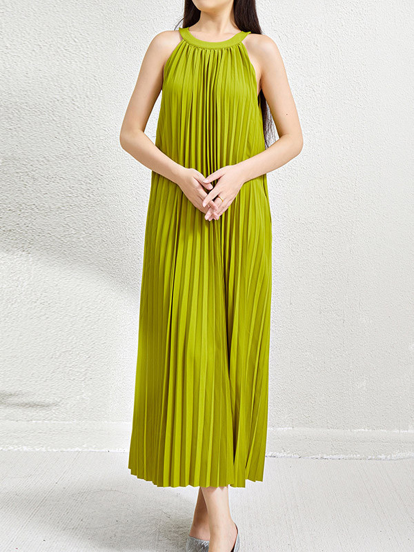 Solid Color Pockets Pleated Hollow Sleeveless Loose Halter-Neck Maxi Dresses