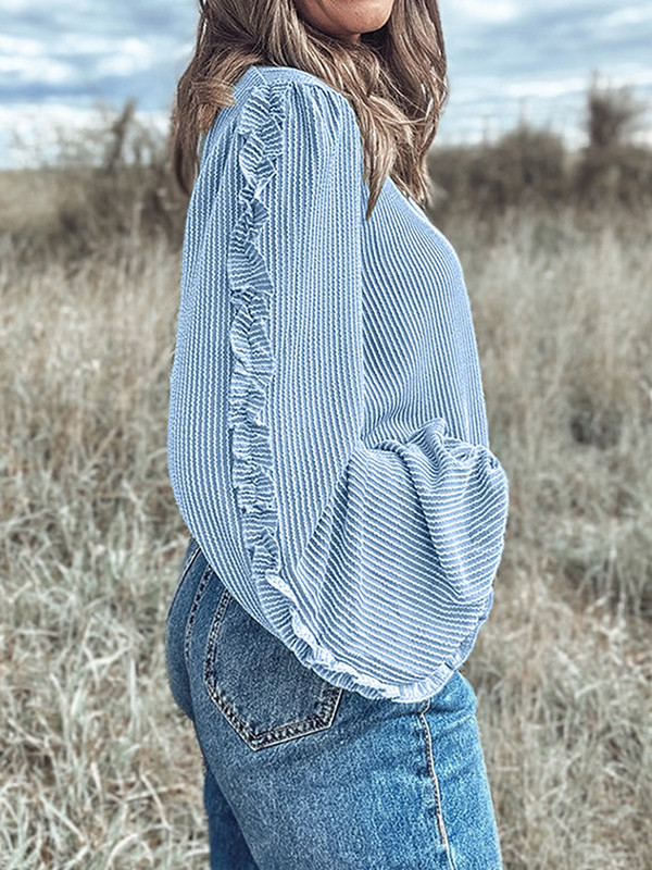Solid Color Ruffle Trim Loose Long Sleeves Round-Neck Blouses&Shirts Tops