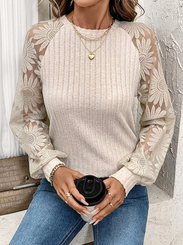Split-Joint See-Through Loose Long Sleeves Round-Neck T-Shirts Tops