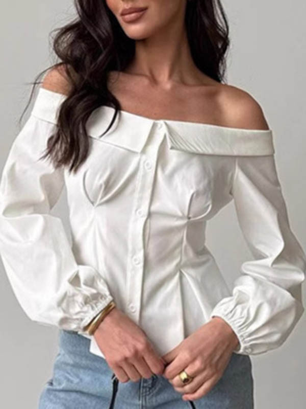 Solid Color Pockets Elasticity Buttoned Loose Long Sleeves Off-The-Shoulder Blouses&Shirts Tops