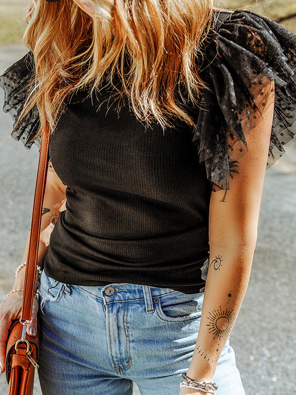 Split-Joint Skinny Ruffle Sleeves Round-Neck T-Shirts Tops