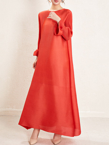 Solid Color Pleated Nine-Minute Sleeve Loose Round-Neck Maxi Dresses