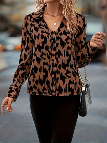 Printed Contrast Color Buttoned Loose Long Sleeves V-Neck Blouses&Shirts Tops