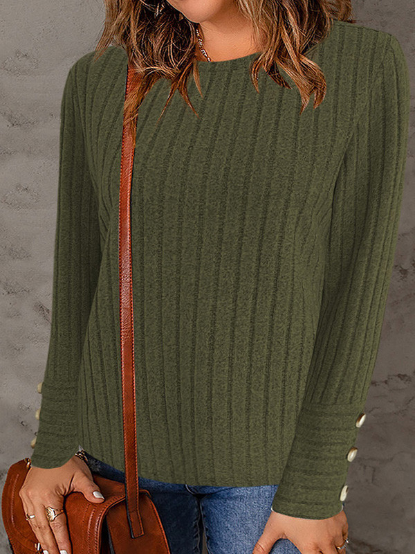 Solid Color Buttoned Loose Long Sleeves Round-Neck T-Shirts Tops