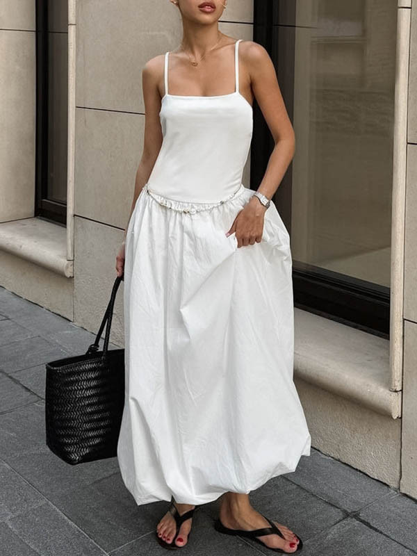 Split-Joint Solid Color Pleated Sleeveless Loose Spaghetti-Neck Midi Dresses