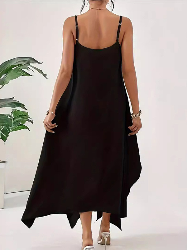 Solid Color Asymmetric Sleeveless Loose Spaghetti-Neck Maxi Dresses