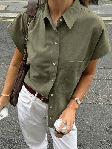 Solid Color Pockets Buttoned Short Sleeves Raglan Sleeve Lapel Blouses&Shirts Tops