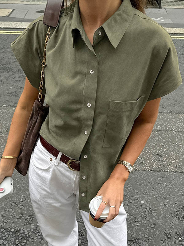Solid Color Pockets Buttoned Short Sleeves Raglan Sleeve Lapel Blouses&Shirts Tops