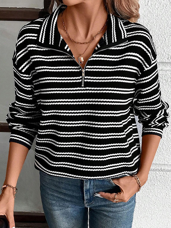 Zipper Striped Contrast Color Loose Long Sleeves Lapel Sweatshirt Tops
