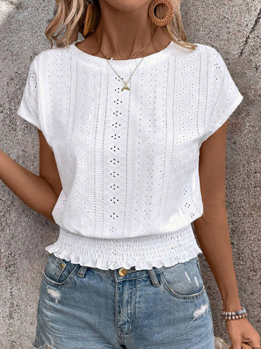 Solid Color Jacquard Hollow Elasticity Short Sleeves Loose Round-Neck T-Shirts Tops