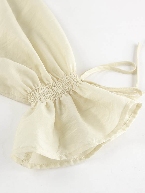Ruffle Trim Long Sleeves Loose Solid Color Tied V-Neck Blouses&Shirts Tops + Elasticity Shorts Bottom Two Pieces Set