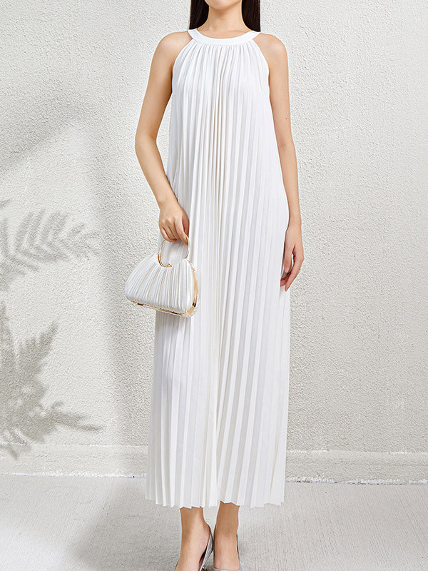 Solid Color Pockets Pleated Hollow Sleeveless Loose Halter-Neck Maxi Dresses