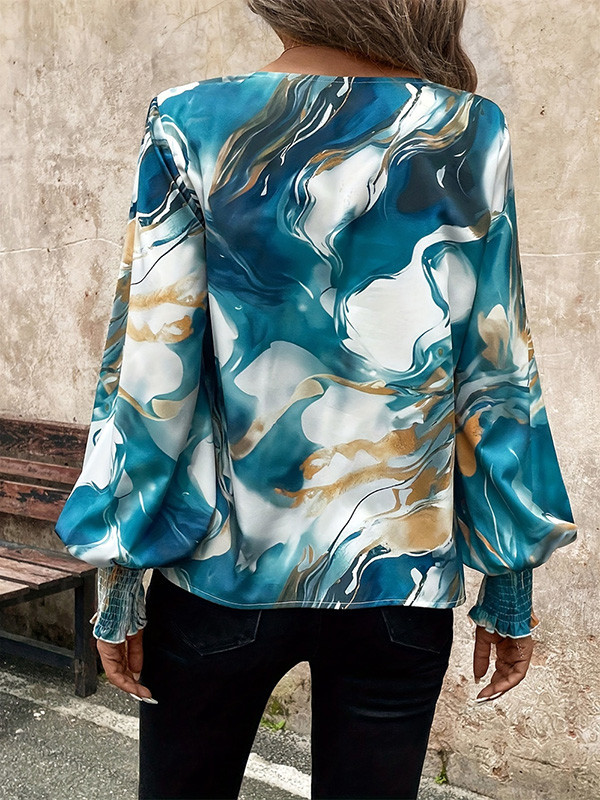 Elasticity Contrast Color Puff Sleeves Loose V-Neck T-Shirts Tops