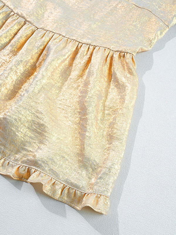 Solid Color Shiny Pleated Loose Long Sleeves V-Neck Blouses&Shirts Tops