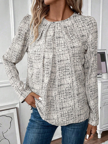 Pleated Contrast Color Loose Long Sleeves Round-Neck Blouses&Shirts Tops