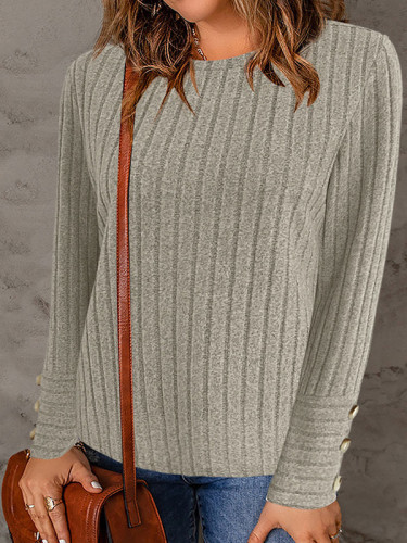 Solid Color Buttoned Loose Long Sleeves Round-Neck T-Shirts Tops