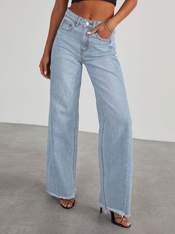 Tasseled Split-Joint Wide Leg High Waisted Jean Pants Bottoms