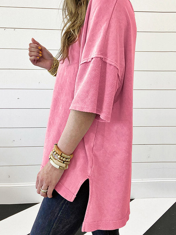 Split-Joint Loose High-Low Round-Neck T-Shirts Tops