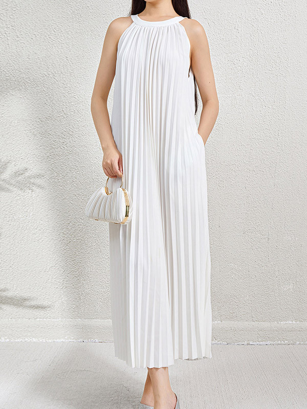 Solid Color Pockets Pleated Hollow Sleeveless Loose Halter-Neck Maxi Dresses