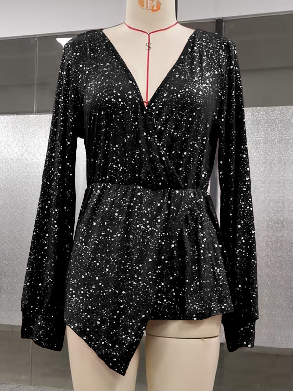 Printed Pleated Asymmetric Loose Long Sleeves V-Neck Blouses&Shirts Tops