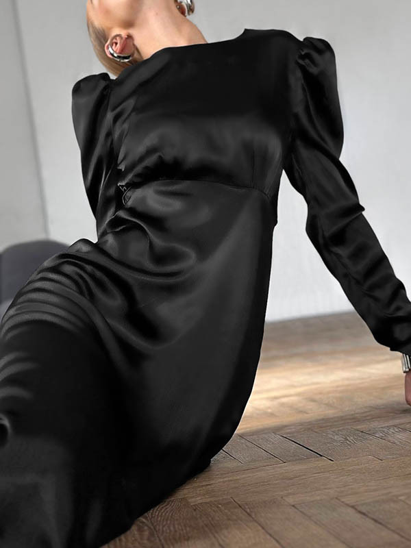 Zipper Solid Color Pleated Loose Long Sleeves Round-Neck Midi Dresses