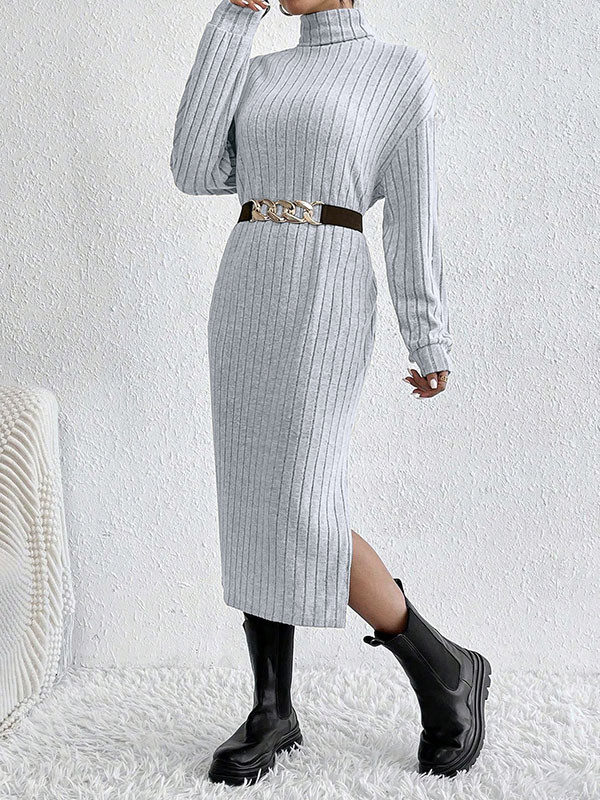 Split-Side Solid Color No Belt Loose Long Sleeves High Neck Midi Dresses