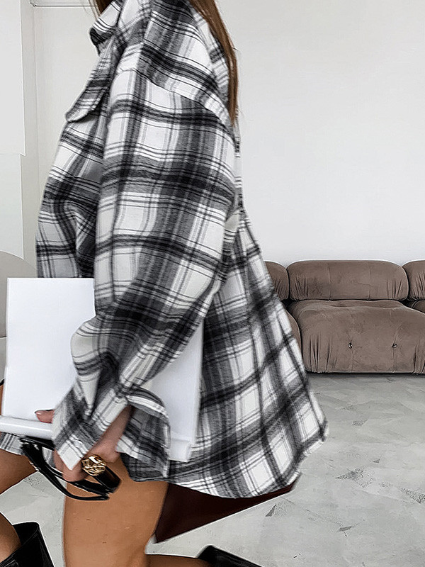 Pockets Plaid Buttoned Loose Long Sleeves Lapel Blouses&Shirts Tops