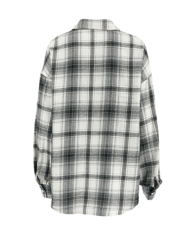Pockets Plaid Buttoned Loose Long Sleeves Lapel Blouses&Shirts Tops