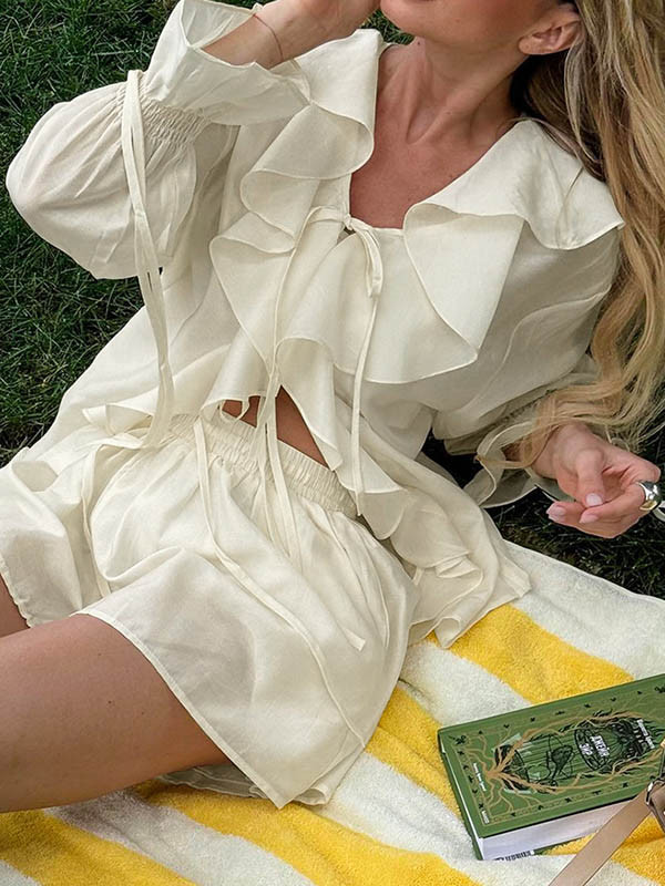 Ruffle Trim Long Sleeves Loose Solid Color Tied V-Neck Blouses&Shirts Tops + Elasticity Shorts Bottom Two Pieces Set