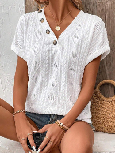 Solid Color Buttoned Short Sleeves Loose V-Neck T-Shirts Tops