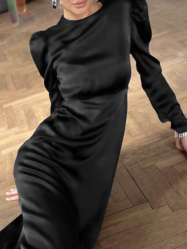 Zipper Solid Color Pleated Loose Long Sleeves Round-Neck Midi Dresses