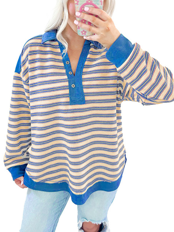 Striped Split-Joint Contrast Color Buttoned Loose Long Sleeves V-neck Sweatshirt Tops